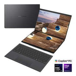 Asus | Zenbook Duo UX8407AA-SN066W | Moher Gray | 14 ” | OLED | Touchscreen | 2.8K | 2880 x 1800 pixels | 144 Hz | Anti-Reflective | Intel Core Ultra X9 | 378H | 32 GB | LPDDR5X | Solid-state drive capacity 2000 GB | Intel Arc Graphics | Windows 11 Pro | 802.11be | Bluetooth version 5.4 | Keyboard language US international | Keyboard backlit | Warranty 24 month(s) | Battery warranty 12 month(s)