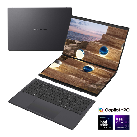 Asus | Zenbook Duo UX8407AA-SN066W | Moher Gray | 14 " | OLED | Touchscreen | 2.8K | 2880 x 1800 pixels | 144 Hz | Anti-Reflective | Intel Core Ultra X9 | 378H | 32 GB | LPDDR5X | Solid-state drive capacity 2000 GB | Intel Arc Graphics | Windows 11 Pro | 802.11be | Bluetooth version 5.4 | Keyboard language US international | Keyboard backlit | Warranty 24 month(s) | Battery warranty 12 month(s)
