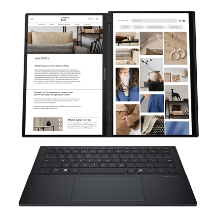 Asus | Zenbook Duo UX8406CA-QL287W | Inkwell Gray | 14 " | OLED | Touchscreen | FHD | 1920 x 1200 pixels | Intel Core Ultra 7 | 255H | 16 GB | LPDDR5X | Solid-state drive capacity 1000 GB | Intel Arc Graphics | Windows 11 Home | 802.11be | Bluetooth version 5.4 | Keyboard language US international | Keyboard backlit | Warranty 24 month(s) | Battery warranty 12 month(s)
