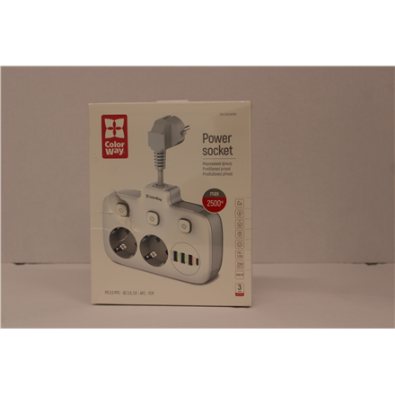 SALE OUT. ColorWay CW-CHE24PDW Power Socket: 2xEU plugs/3xUSB-A/1xUSB-C White 2.5M | ColorWay Power Socket | CW-CHE24PDW | DAMAGED PACKAGING