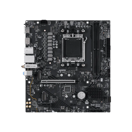 440x440 MSI PRO A620AM-G EVO WIFI | Processor family AMD | Processor socket AM5 | DDR5 | Number of SATA connectors 4 | Supported hard disk drive interfaces SATA, M.2