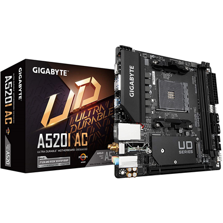 440x440 Gigabyte | A520I AC | Processor family AMD | Processor socket AM4 | DDR4 DIMM | Memory slots 2 | Number of SATA connectors 4 | Chipset AMD A | Mini ITX