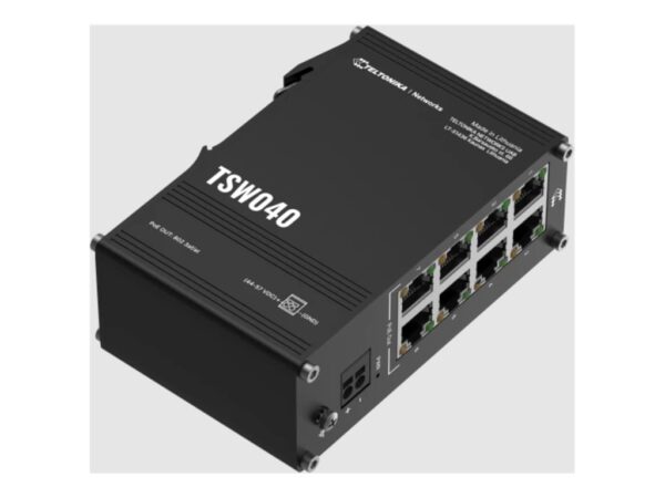 Teltonika Industrial Switch | TSW040 | Unmanaged | DIN rail mountable | 10/100 Mbps (RJ-45) ports quantity 8 | PoE+ ports quantity 8 | Power supply type 2-pin industrial DC power socket