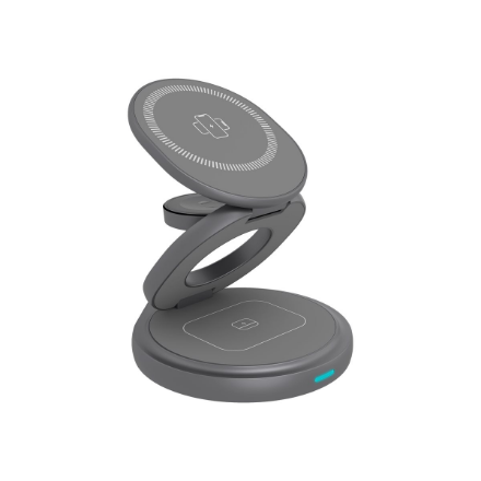 Raidsonic 3 in 1 foldable magnetic charging stand for mobile phone, earpods and smartwatch, Aluminium | Icy Box IB-SH101-CH