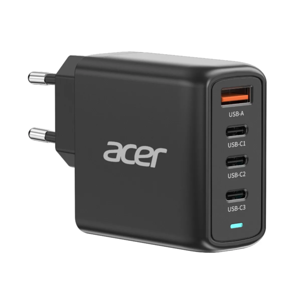 original Acer 100W PD GaN Charger, 3 x USB C and 1 x USB A, EU Plug, 100W USB-C cable, Black, Retail Pack